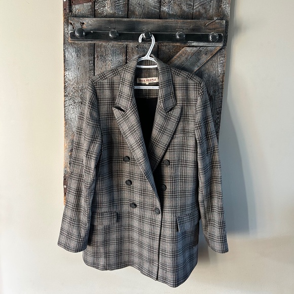 Women's Free People Plaid Blazer Grey, Brown & Peach - Picture 1 of 3